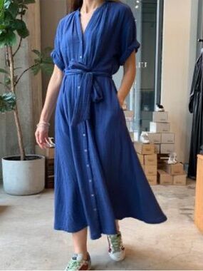 XiRENA Blue Button-Front Maxi Dress with Waist Tie 100% Cotton size extra small